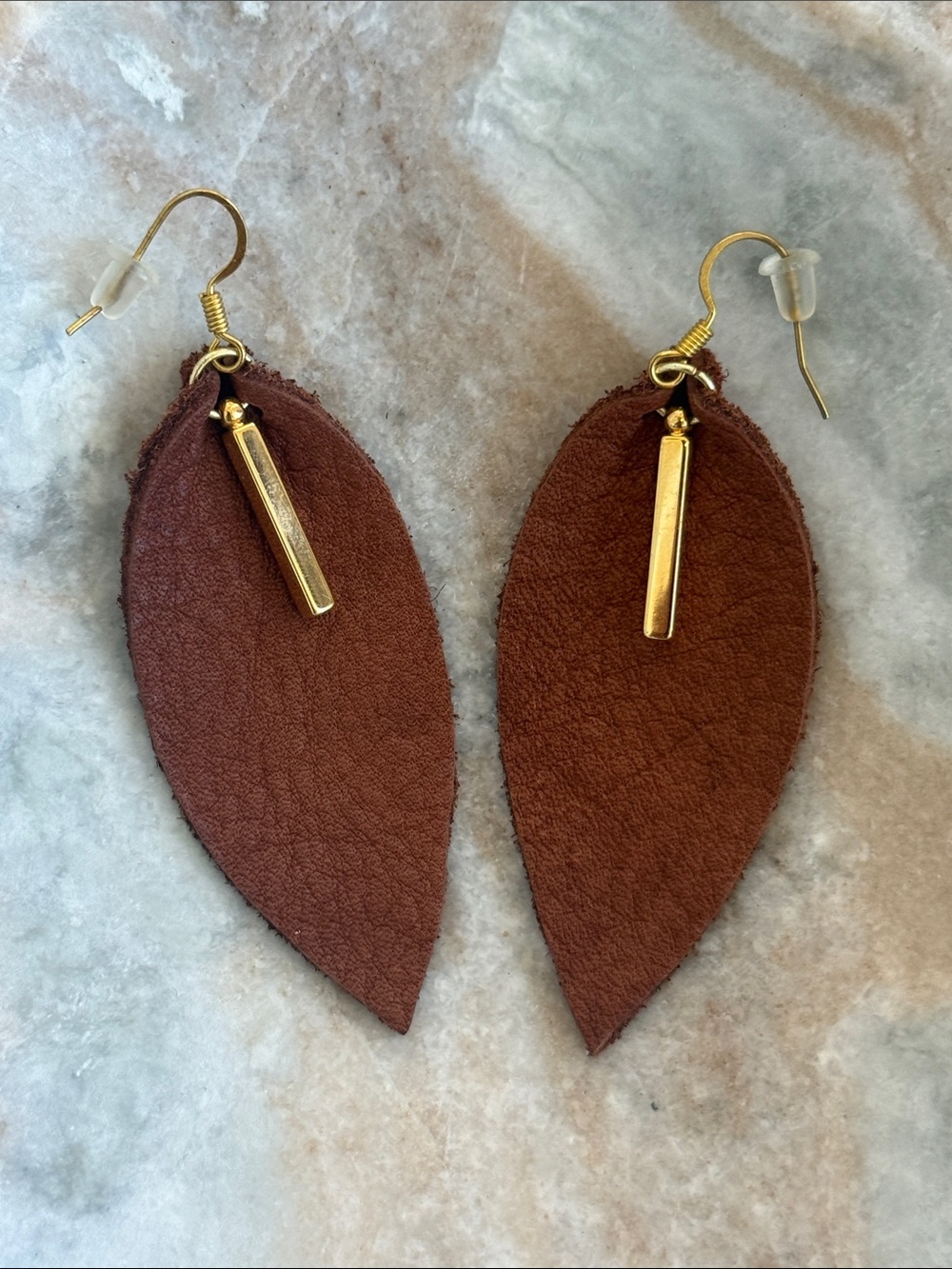 Leather Teardrop Dangle Earrings - Brown with Gold Accents